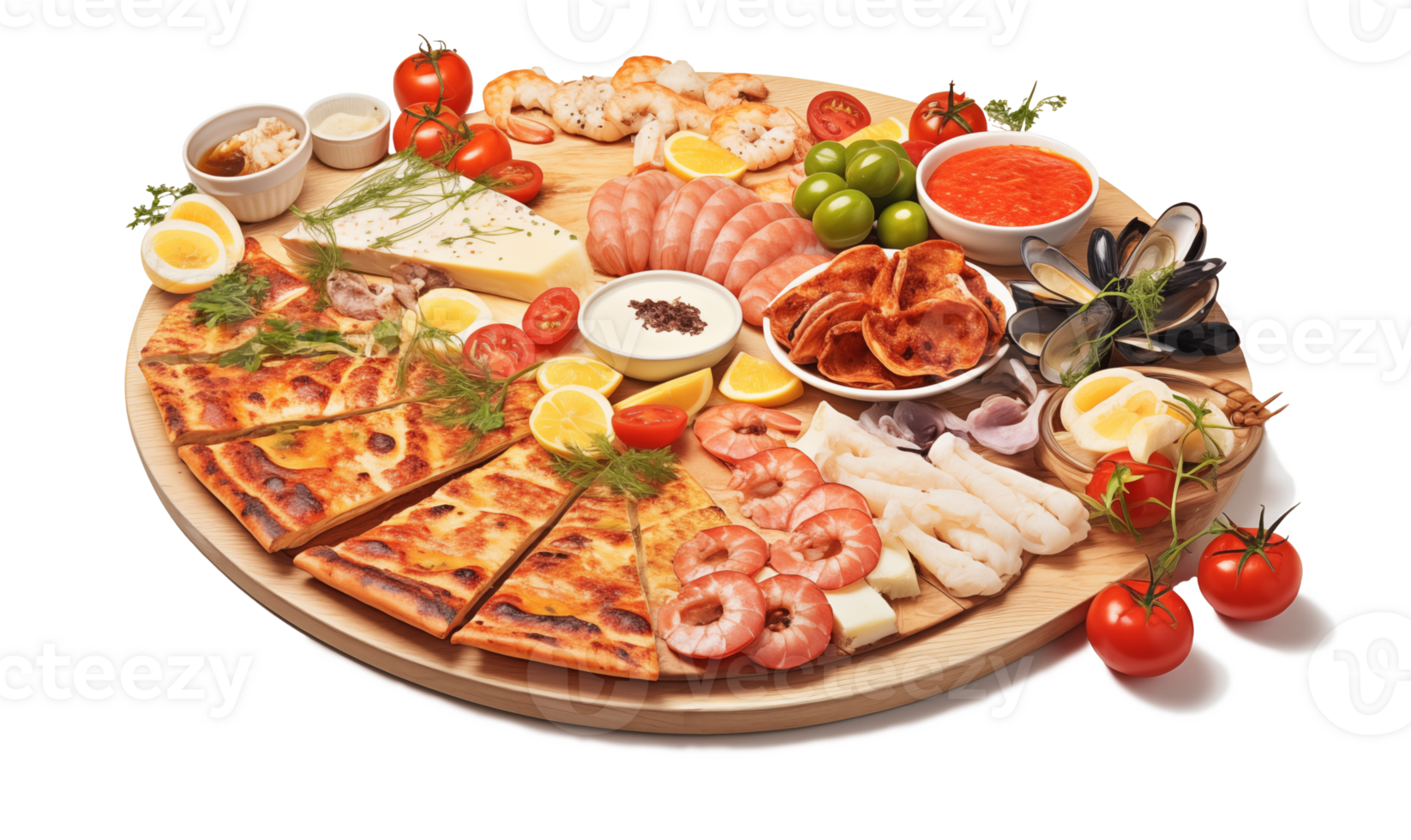 Platter of seafood including shrimps, musselspus, squid, fish, olives, tomatoes, lemon and bread on a transparent background png