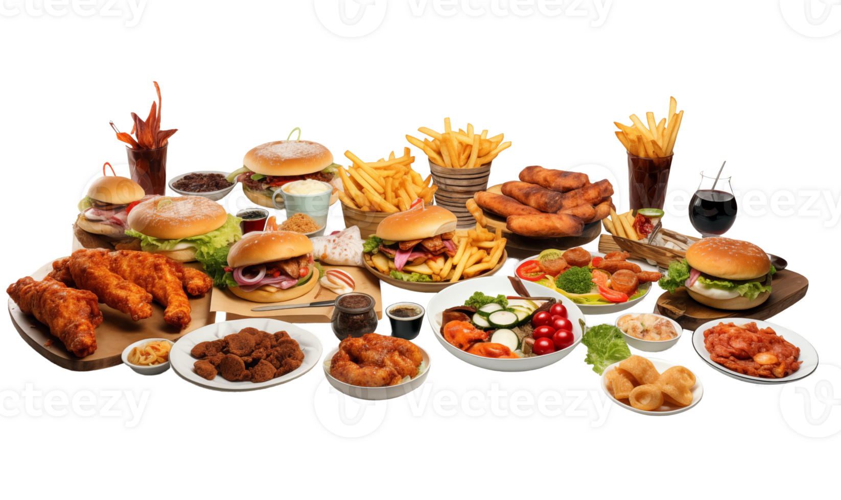 Fast food isolated on a transparent background. hamburgers, cheeseburgers, french fries, chicken nuggets, mozzarella cheese. png