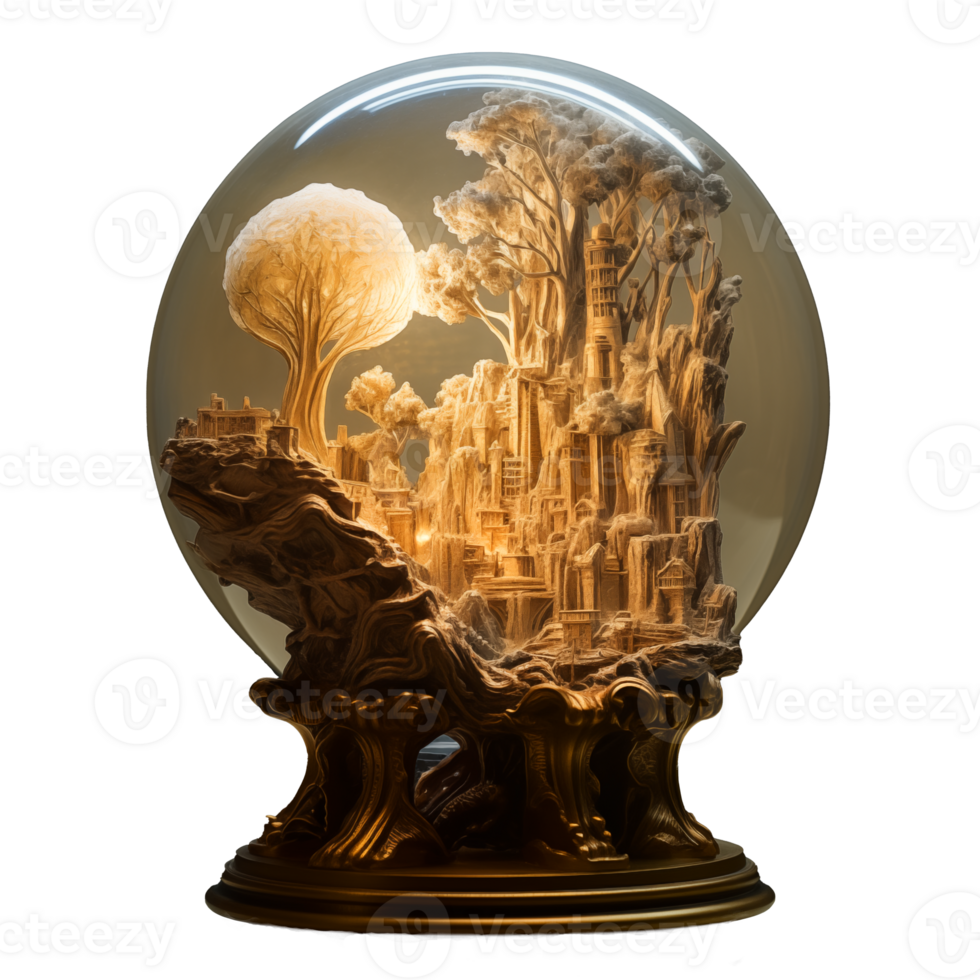 Crystal ball with the image of a city in the form of a tree isolated on transparent background. png