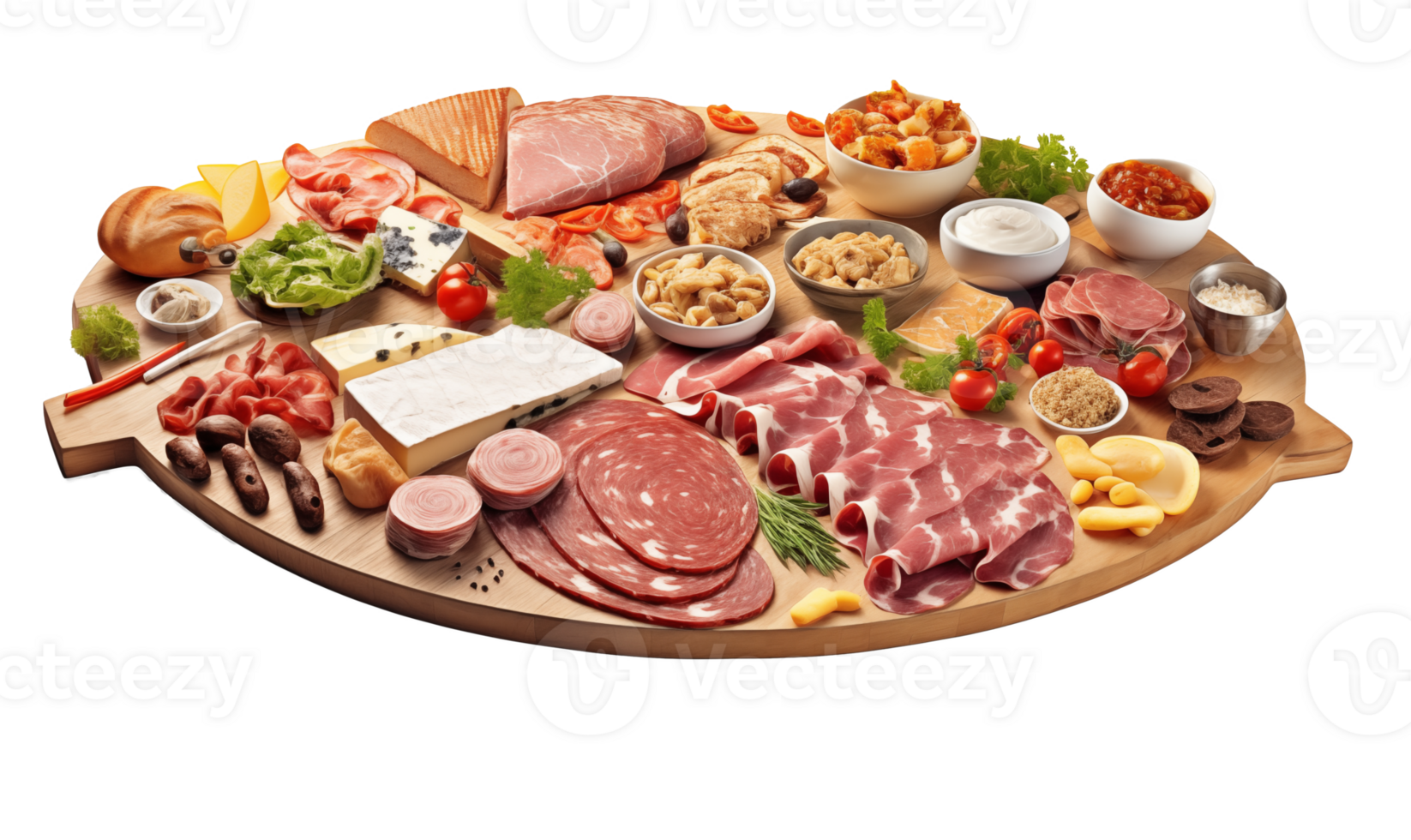 Meat platter with different meat products including ham, salami, bacon, cheese, mushrooms and vegetables isolated on transparent background. png