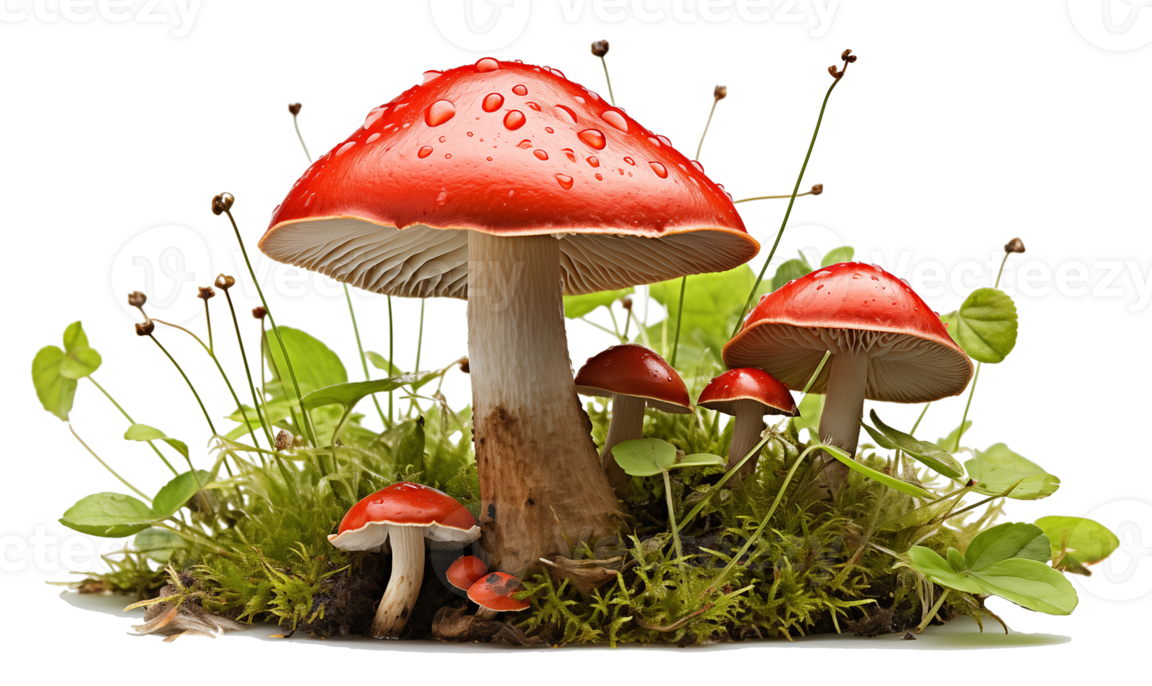 Amanita muscaria mushroom in moss isolated on transparent background. png