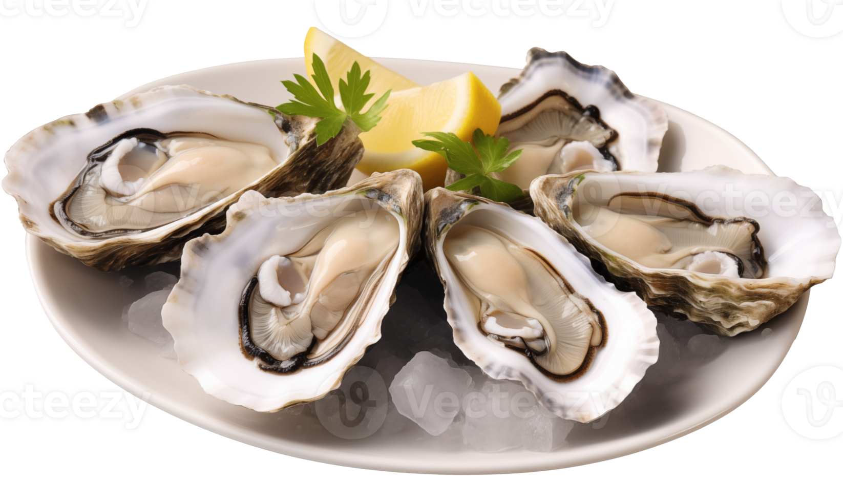 Fresh oysters with lemon and parsley on plate isolated on transparent background. png