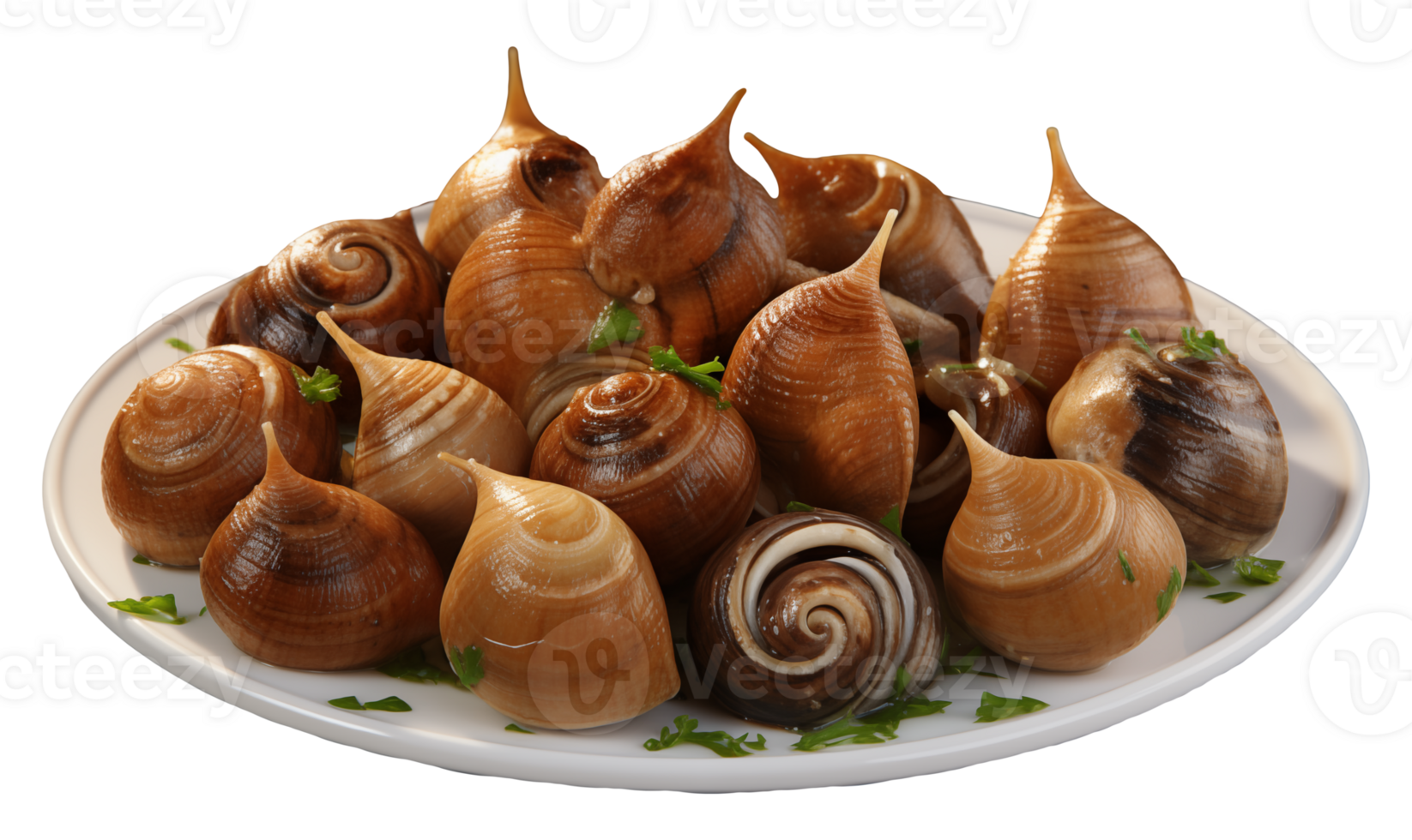 Snails with parsley on a plate isolated on a transparent background. png