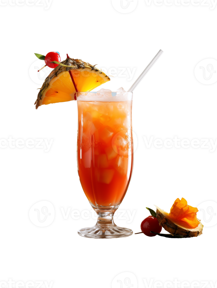Tequila sunrise cocktail with pineapple and cherry isolated on transparent background png