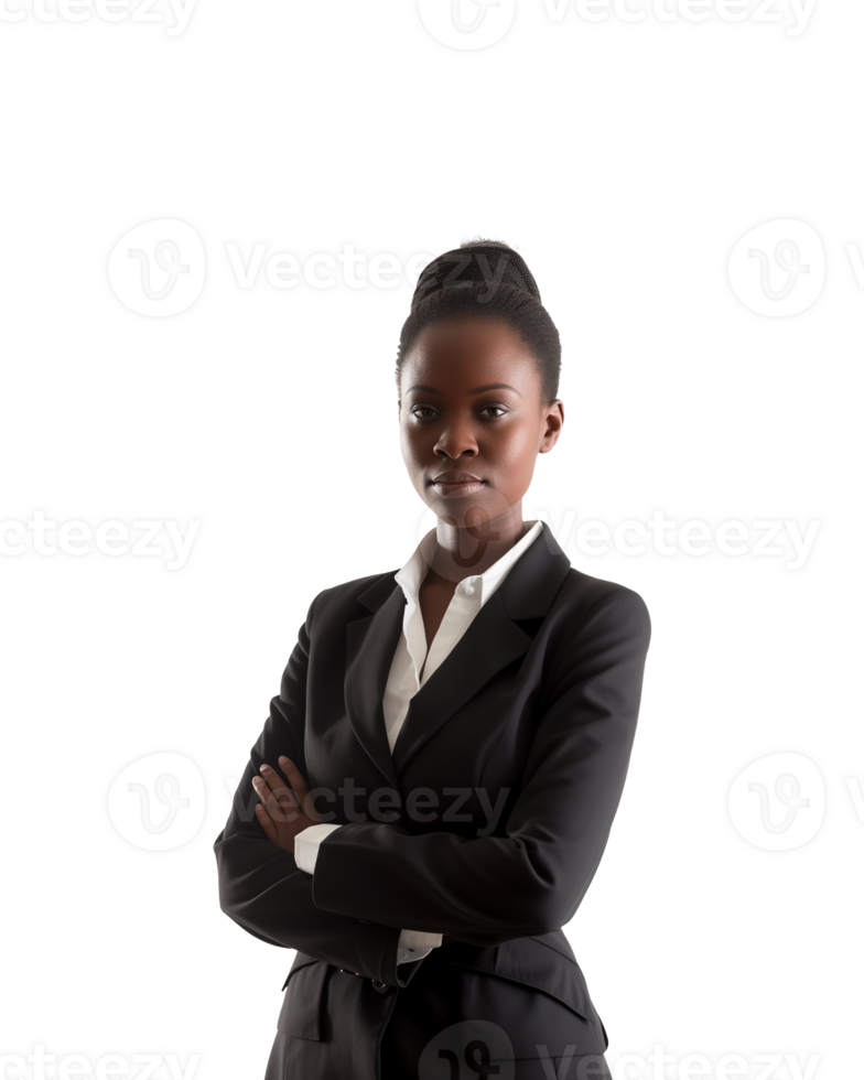 Portrait of a young african business woman standing with arms folded, isolated on transparent background png