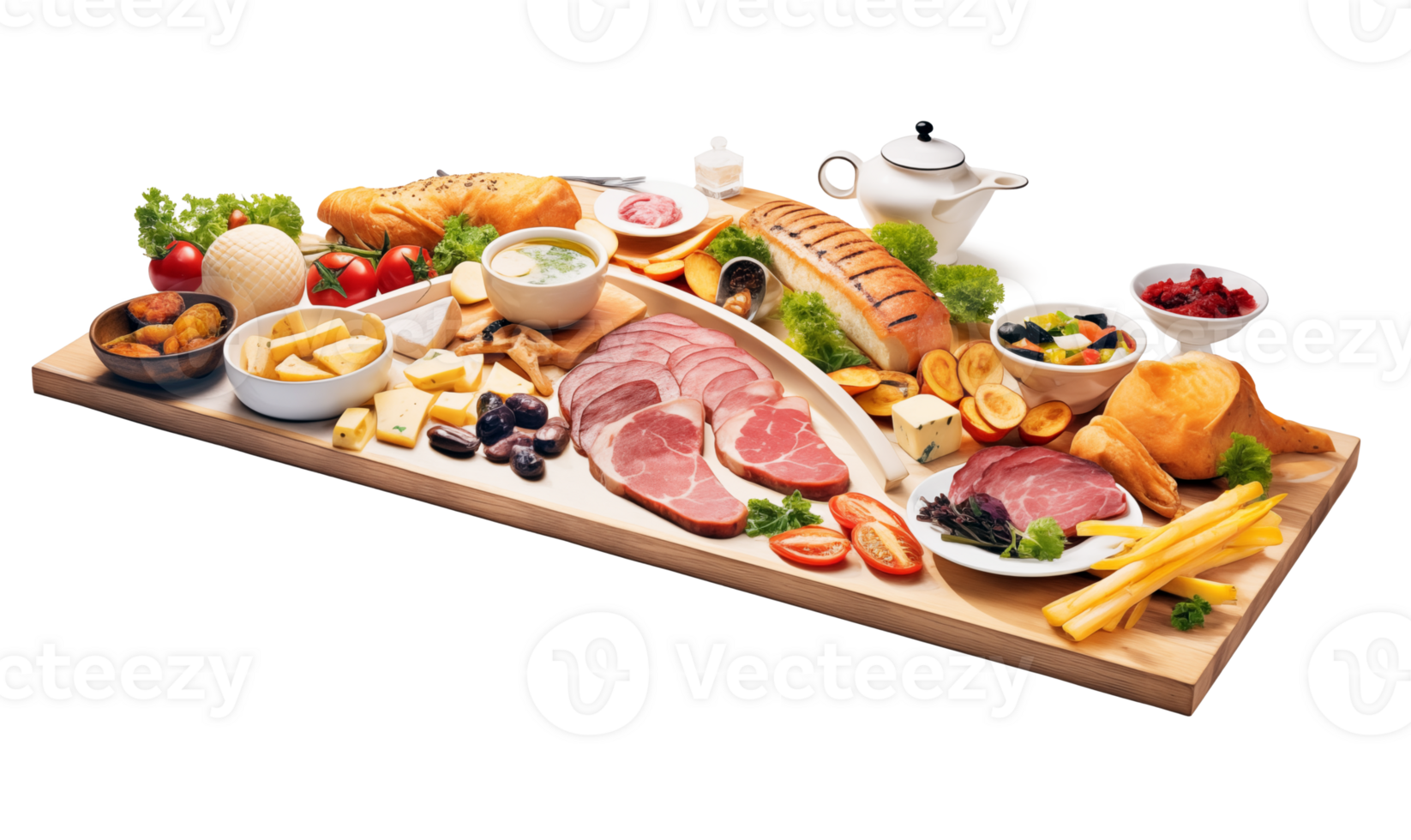 Breakfast buffet with variety of food on wooden board isolated on transparent background png