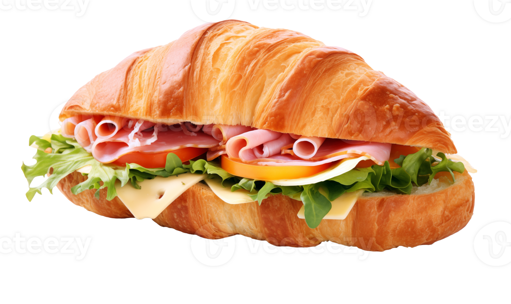 Croissant sandwich with ham, cheese and vegetables isolated on transparent background png