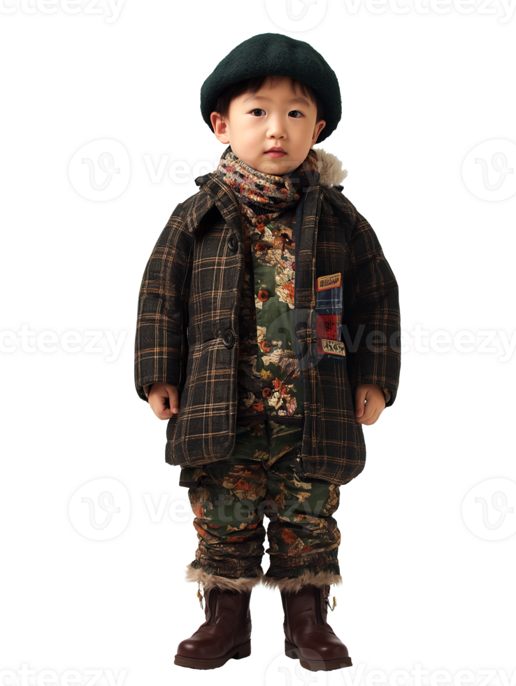 A portrait of a cute little boy wearing a hat and coat isolated on transparent background png