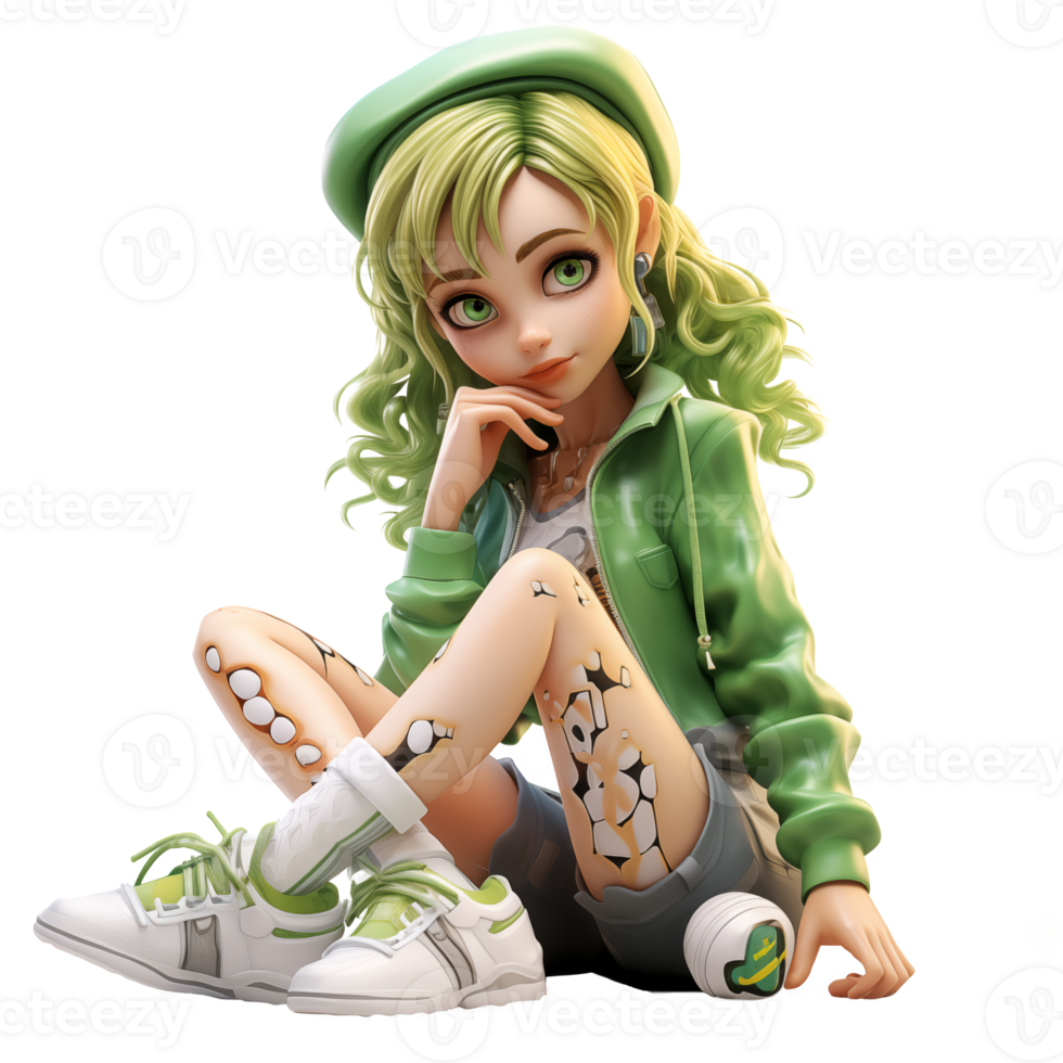 3D rendering of a cute cartoon girl with green hair sitting on the floor isolated on transparent background png