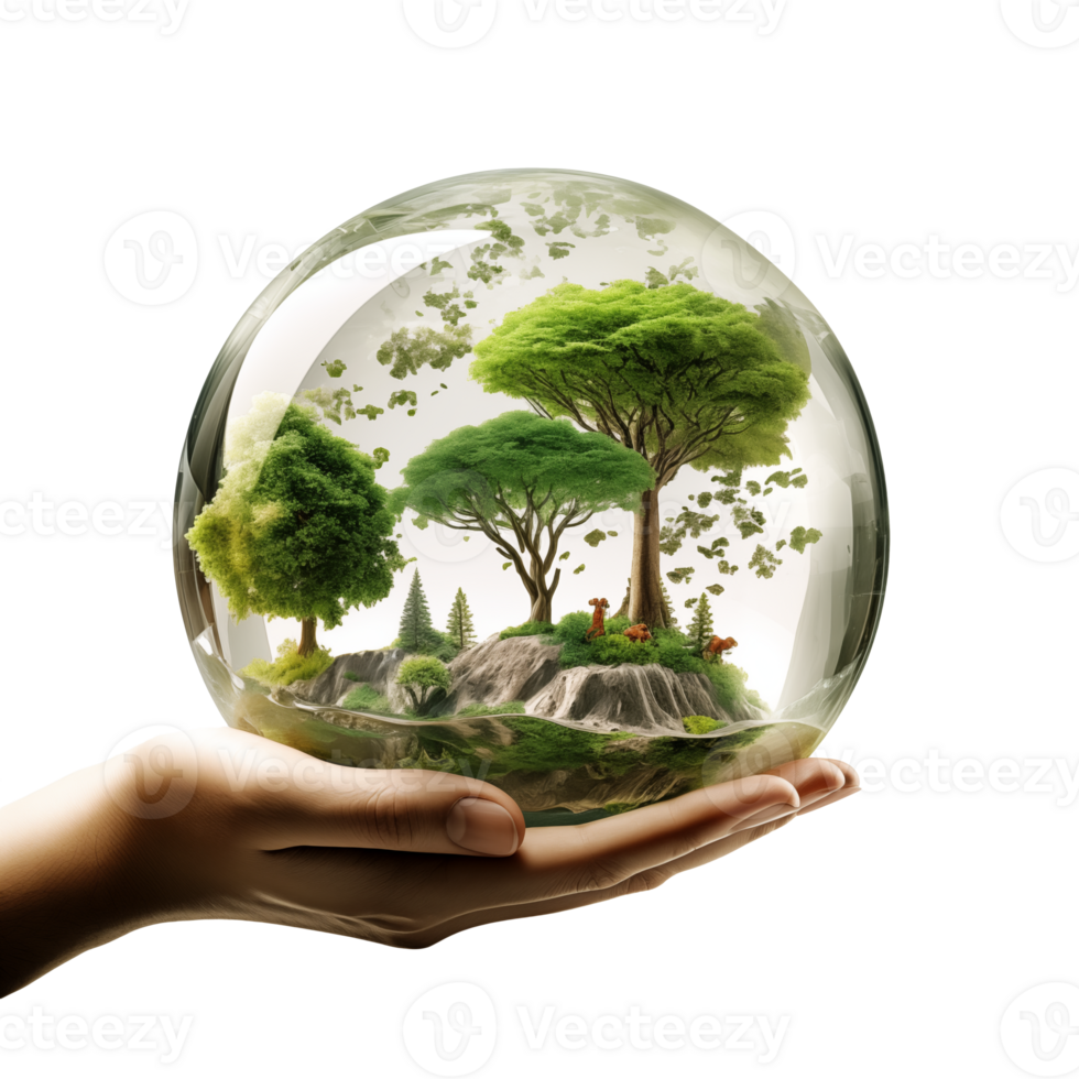 Close up of human hands holding glass globe with green forest in it isolated on transparent background png