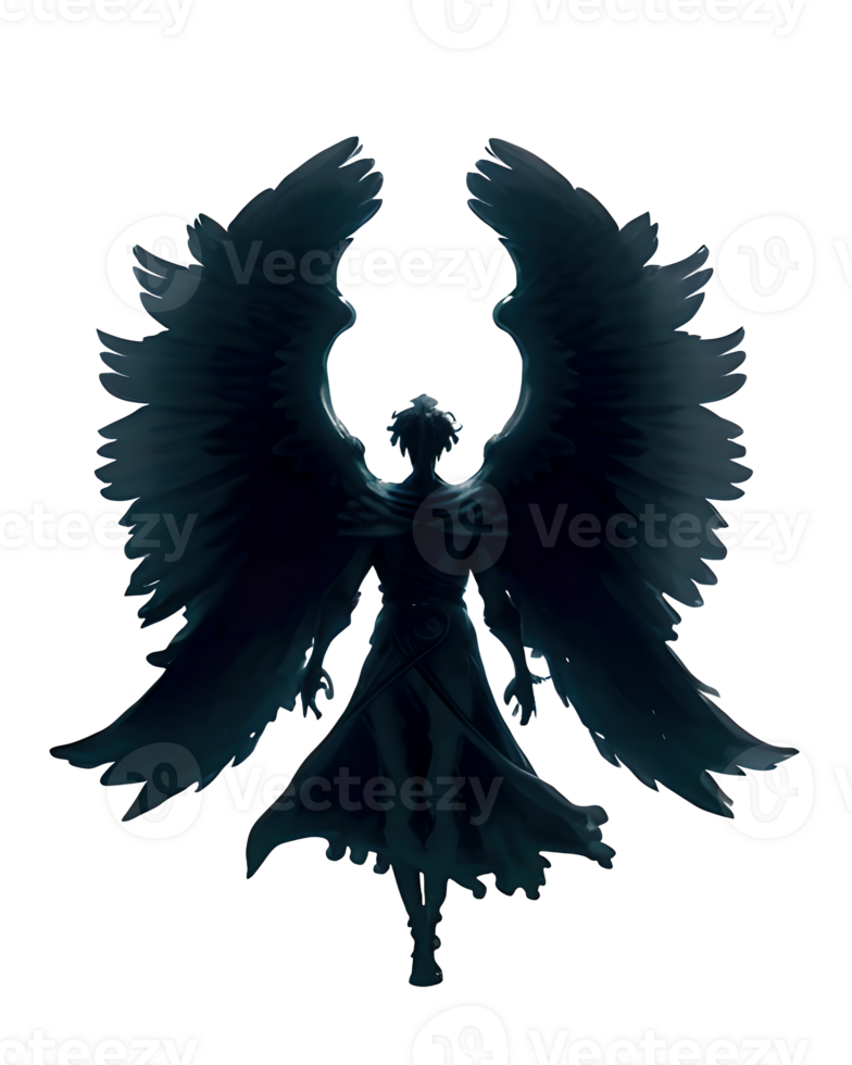 Silhouette of a black angel with wings isolated on transparent background png