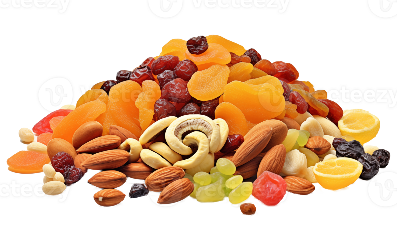 Mix of dried fruits and nuts isolated on transparent background png