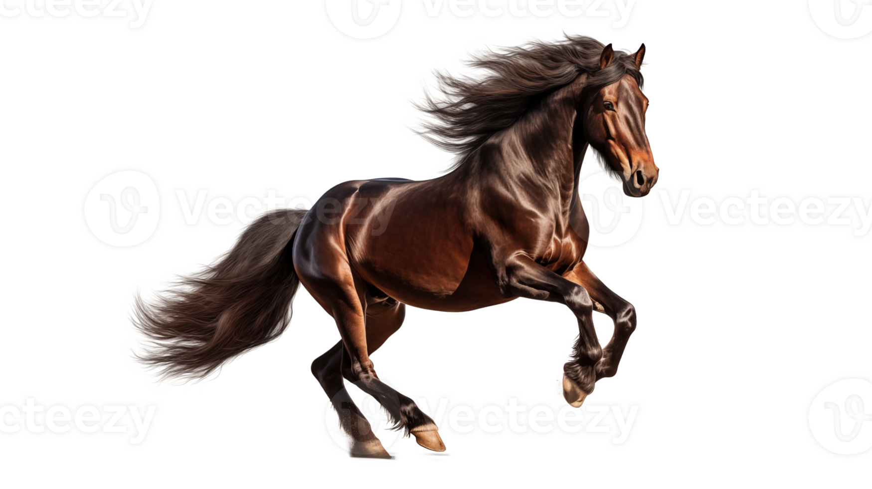 Bay stallion with long mane running isolated on transparent background png