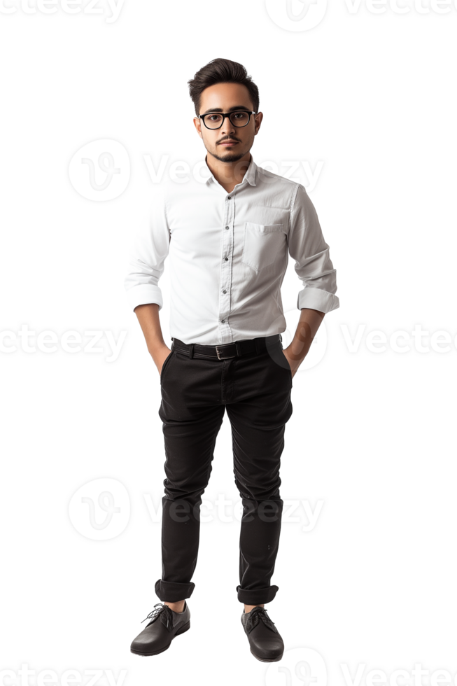 Full length portrait of a handsome young man in white shirt and glasses standing Isolated on transparent background png
