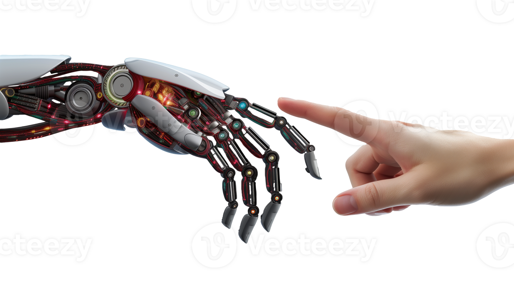 Close up of human hand pointing at robot arm. 3D rendering isolated on transparent background png
