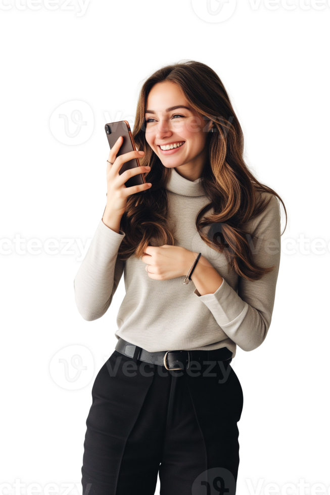 smiling young businesswoman holding smartphone and looking at camera Isolated on transparent background png