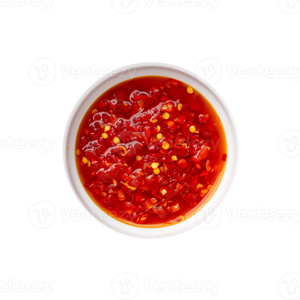 Red chili sauce in bowl isolated on transparent background. Top view png
