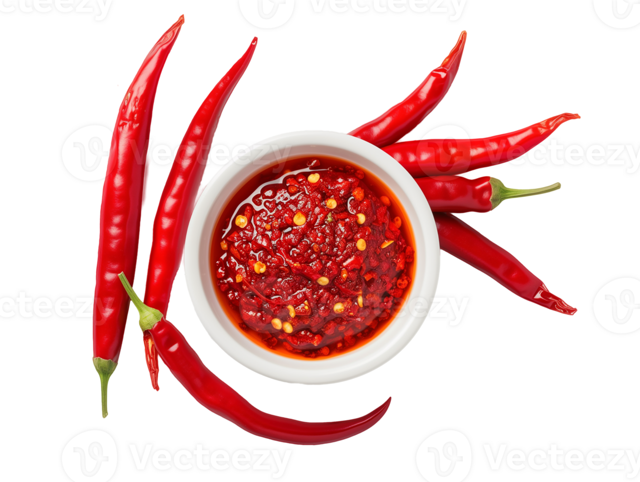 Bowl of chili sauce with chilli pepper isolated on transparent background png