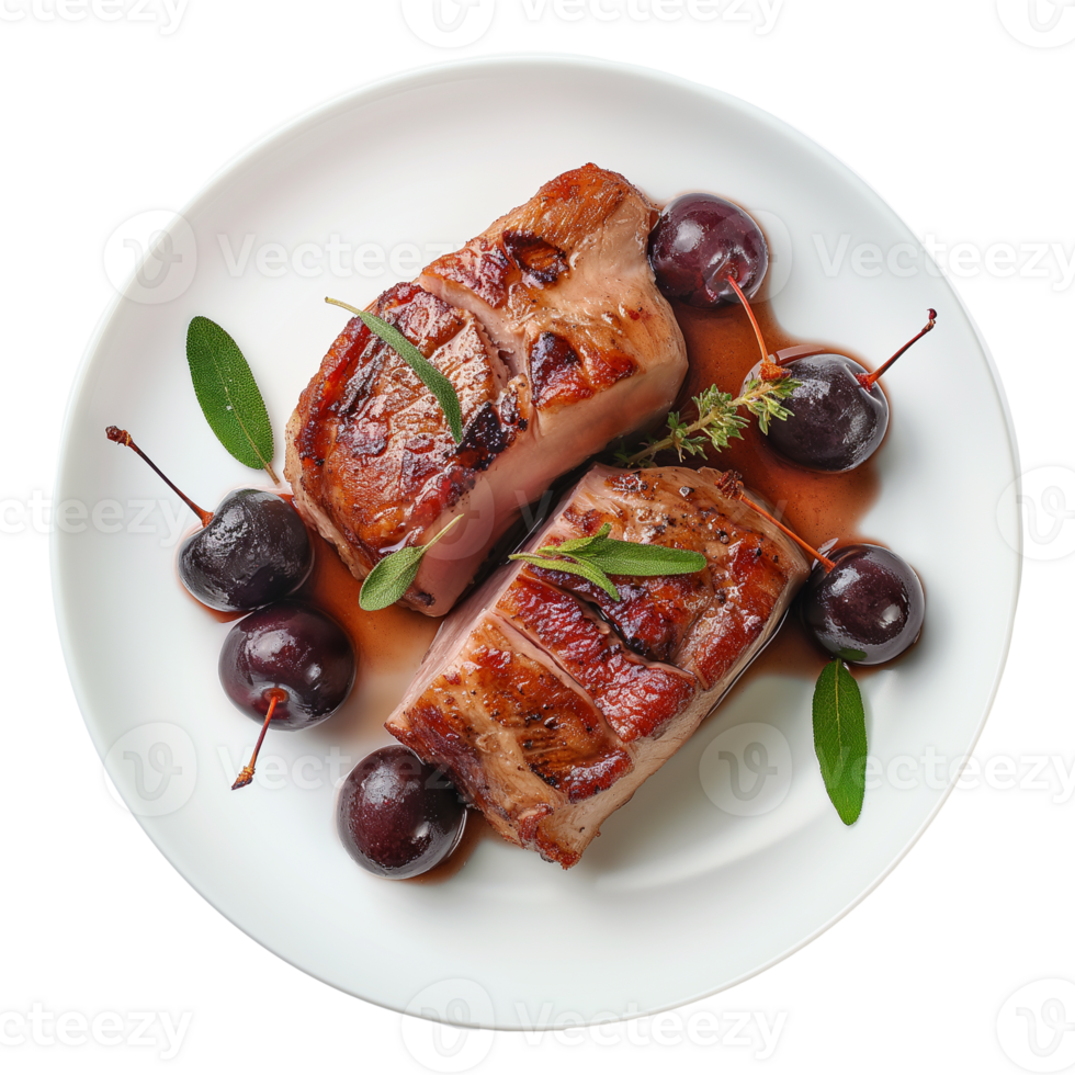 Plate with delicious grilled duck fillet and cherry isolated on transparent background png