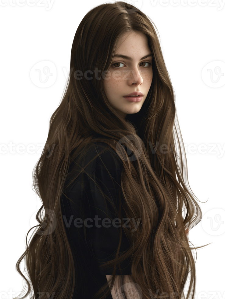 Portrait of a beautiful girl with long hair isolated on transparent background png