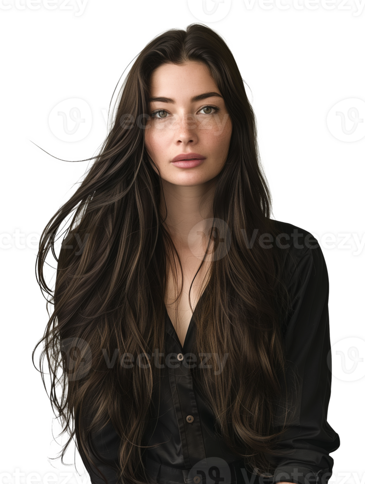 Portrait of a beautiful young brunette woman with long hair, isolated on transparent background png