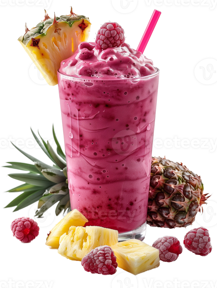 Pineapple smoothie with raspberries and pineapple isolated on transparent background png