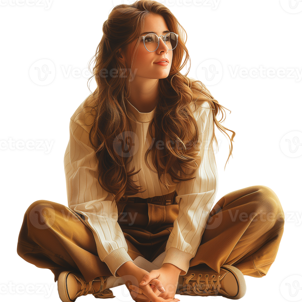 Portrait of a beautiful young woman in beige clothes and sunglasses isolated on transparent background png