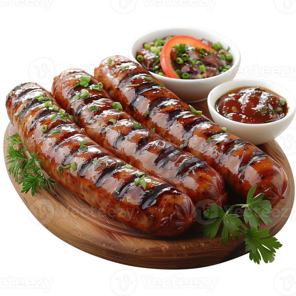 Grilled sausages with sauce on wooden board isolated on transparent background png