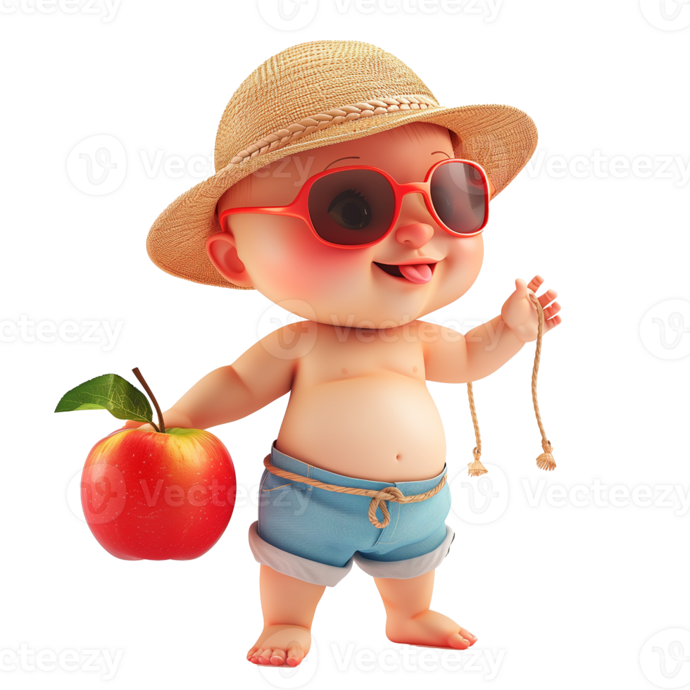 Cute little baby boy in summer hat and sunglasses with red apple isolated on transparent background png