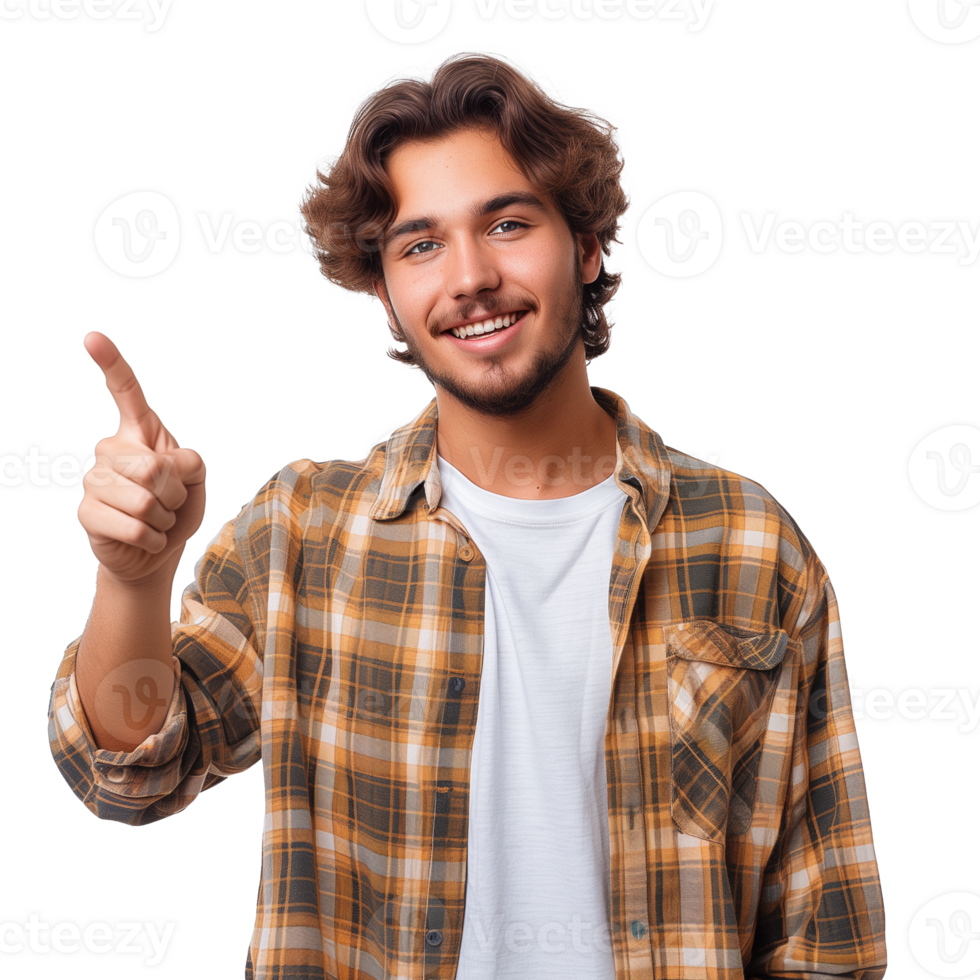Handsome young man with thumbs up gesture, isolated on transparent background png