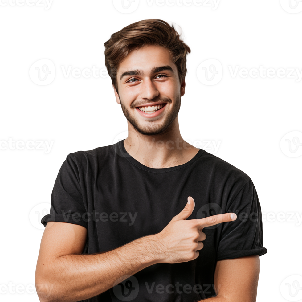 Portrait of a smiling young man pointing at something isolated on transparent background. png