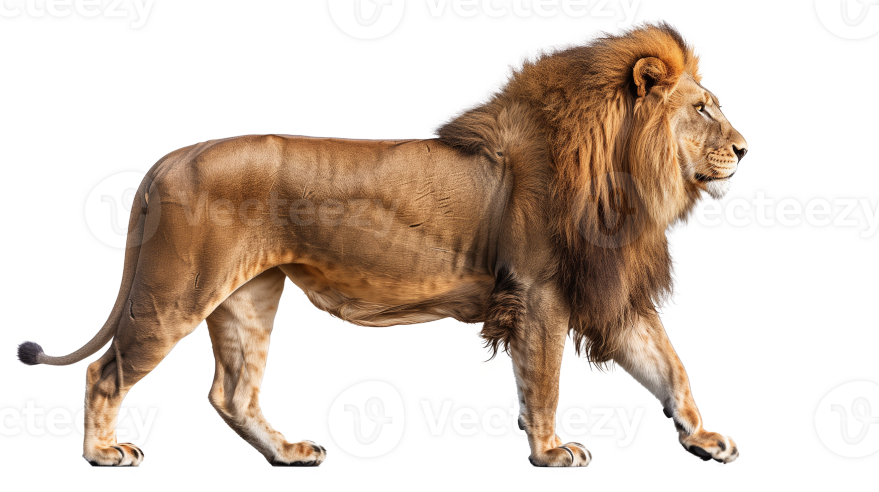 Side view of a male lion walking, isolated on transparent background png