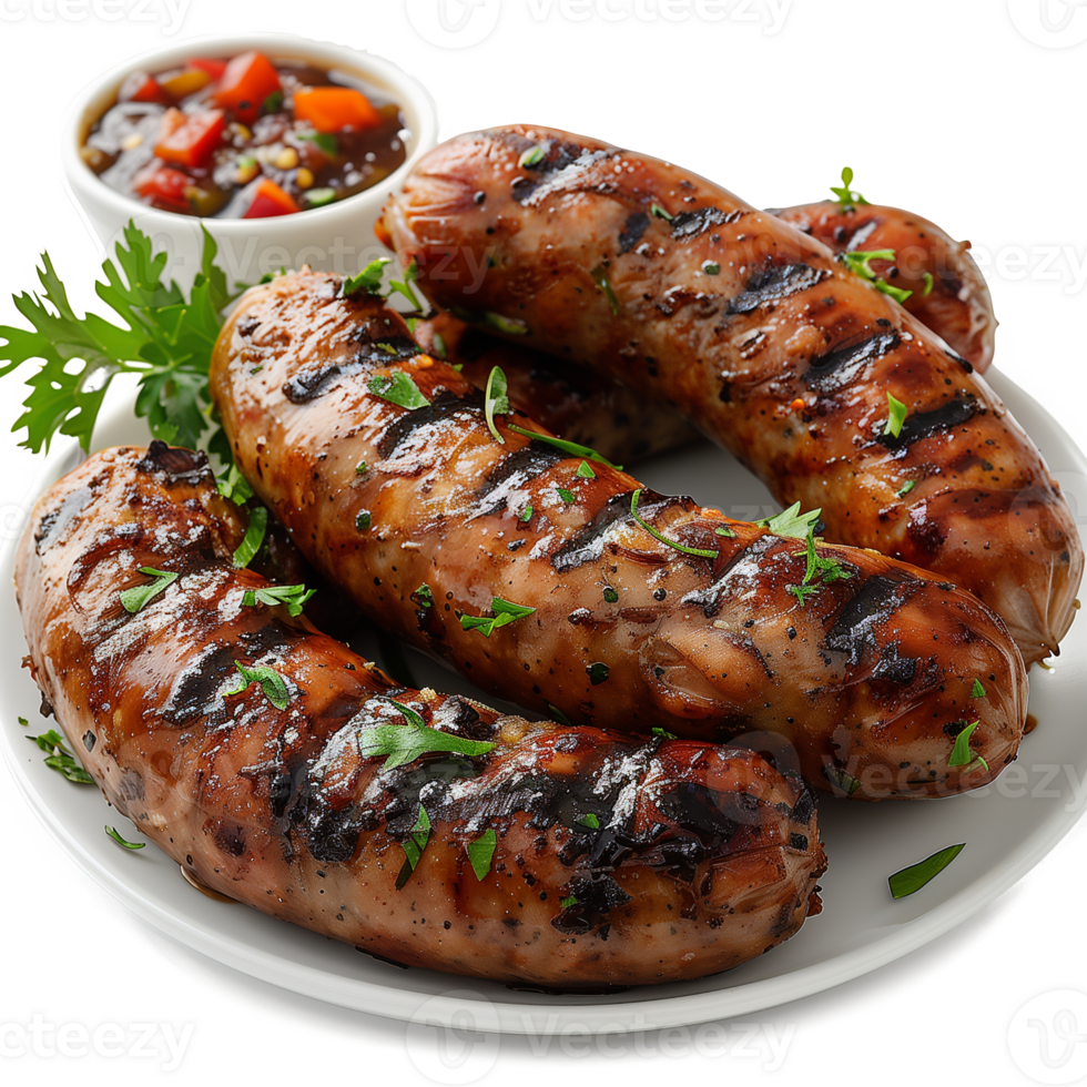 Grilled sausages with herbs and sauce isolated on transparent background png