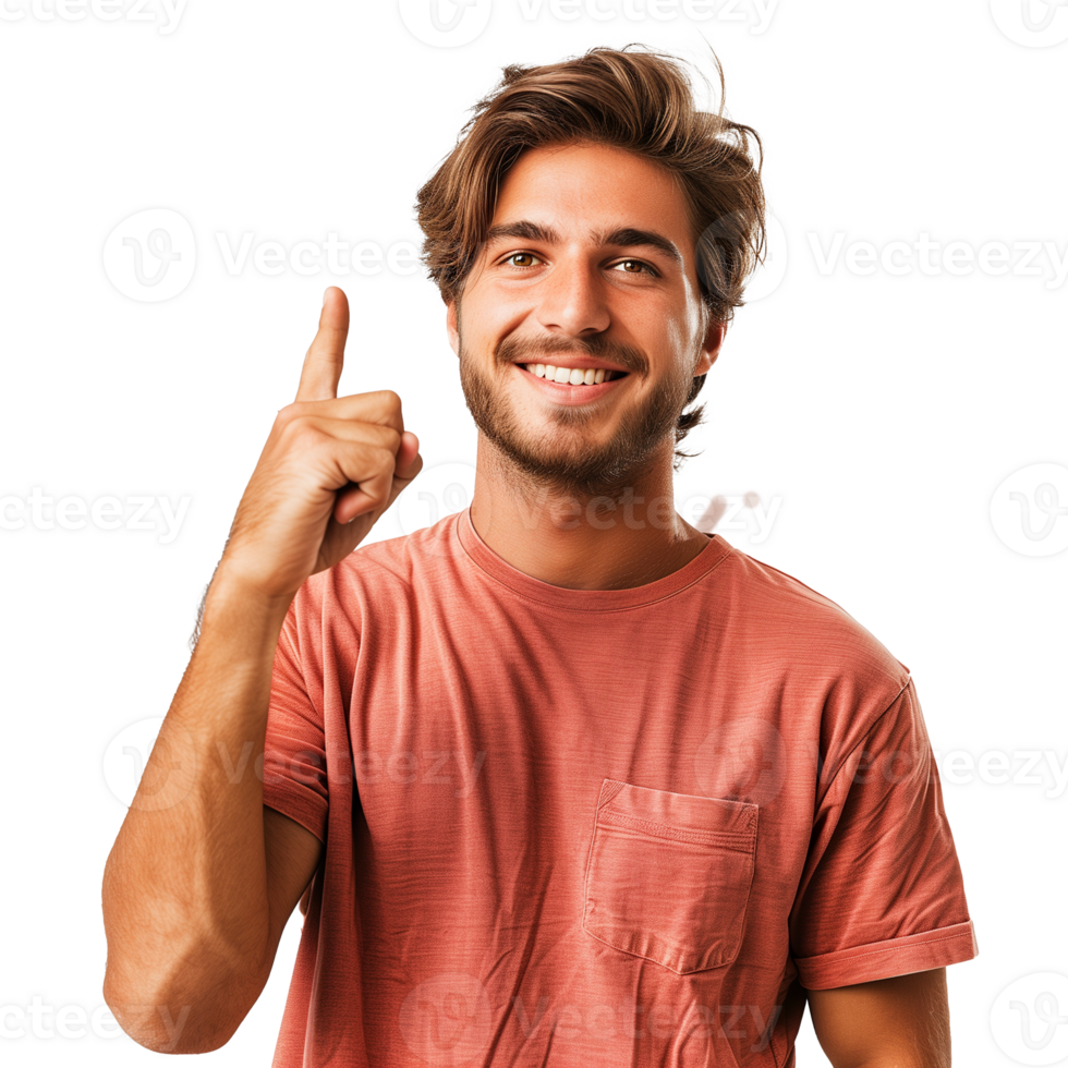 Handsome young man pointing up with his finger over isolated on transparent background png