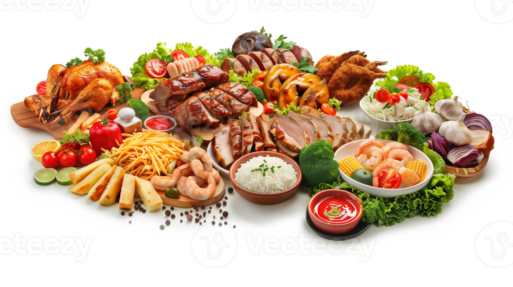 Large group of barbecue food isolated on transparent background. Top view. png