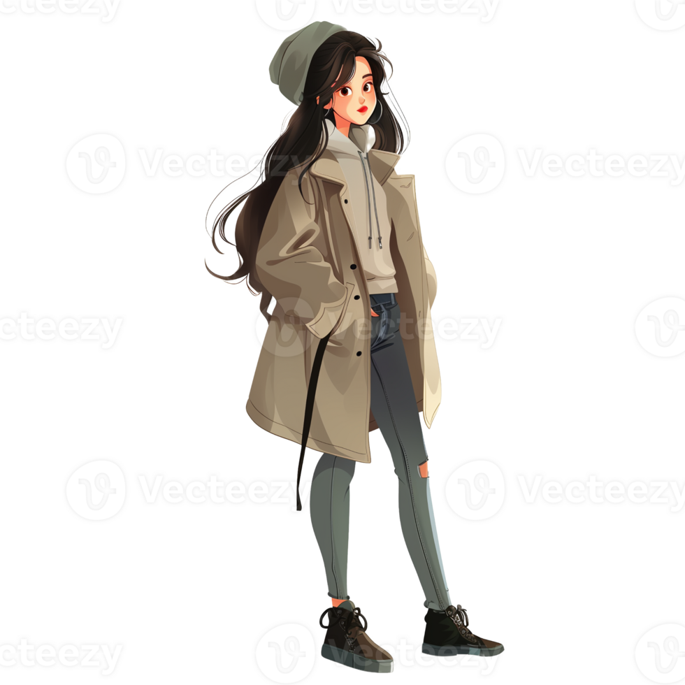 Beautiful young woman in trench coat and beret, isolated on transparent background png