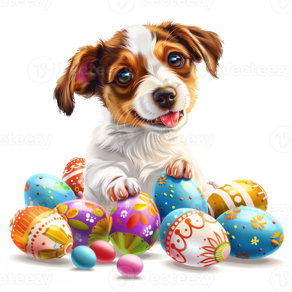 Puppy and easter eggs isolated on transparent background png