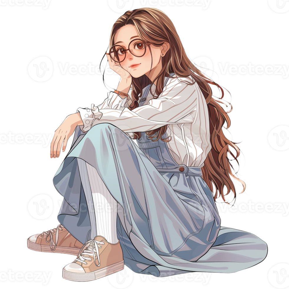 Young beautiful woman in glasses sitting on the floor isolated on transparent background png