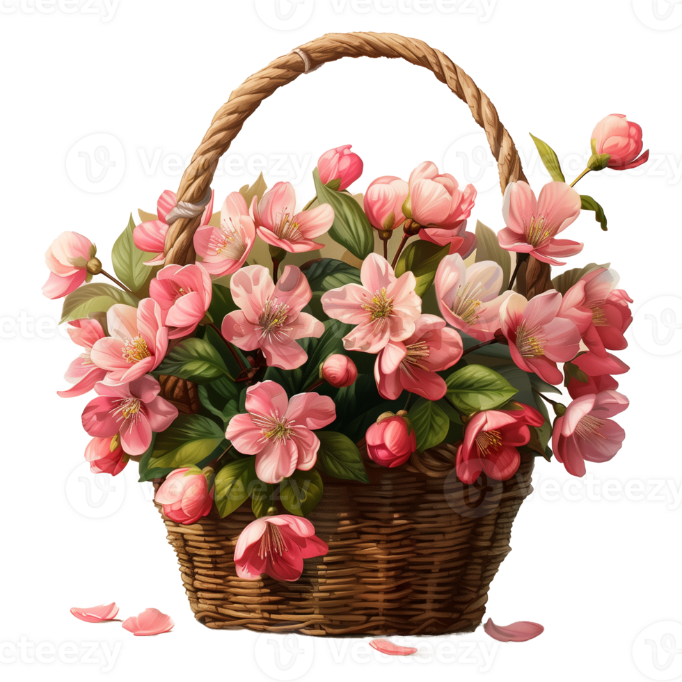 Basket with pink flowers isolated on transparent background png