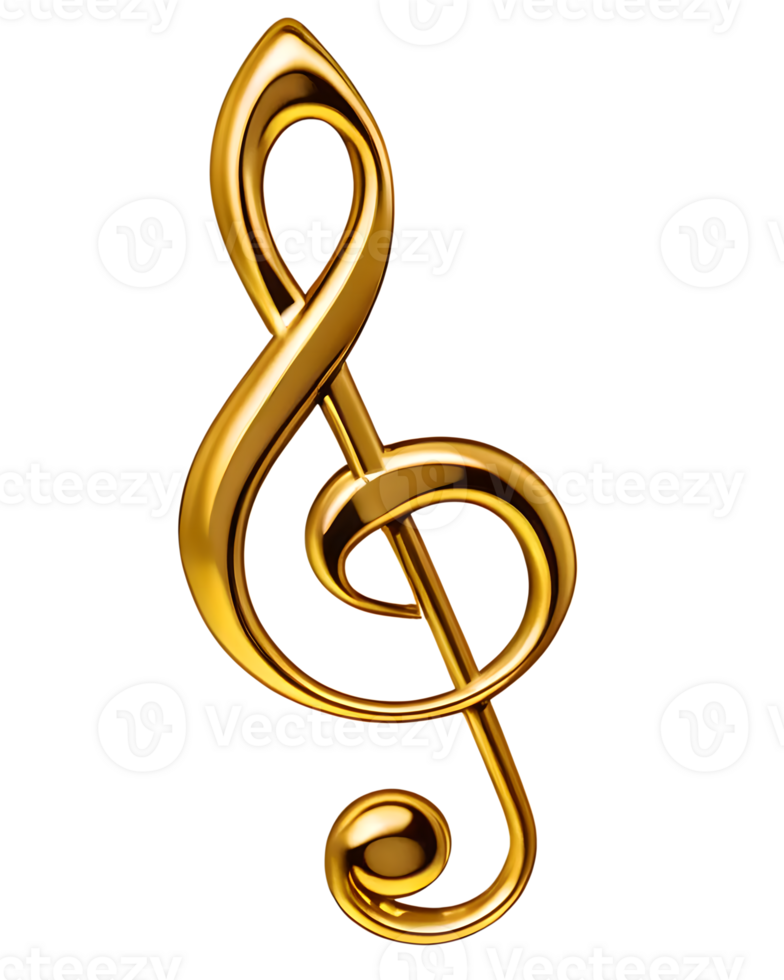 Golden treble clef isolated on transparent background. 3d rende png