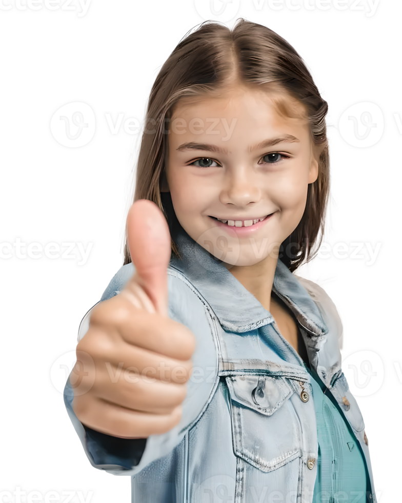 Portrait of a cute little girl showing thumbs up isolated on transparent background png