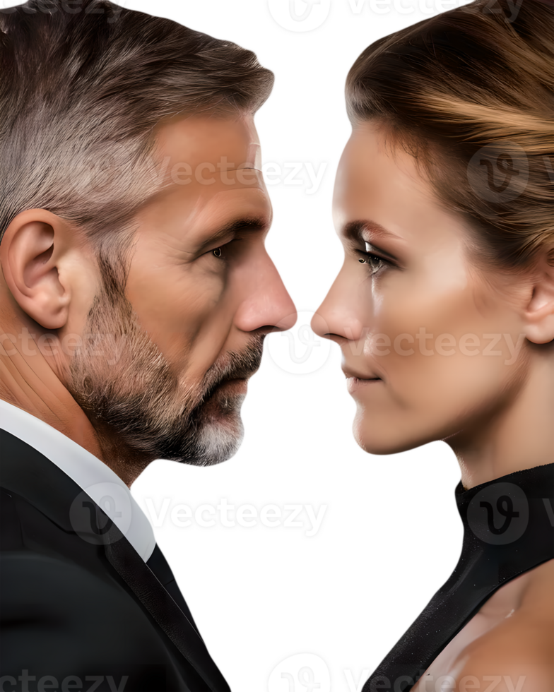 Close-up portrait of a man and a woman looking at each other isolated on transparent background png