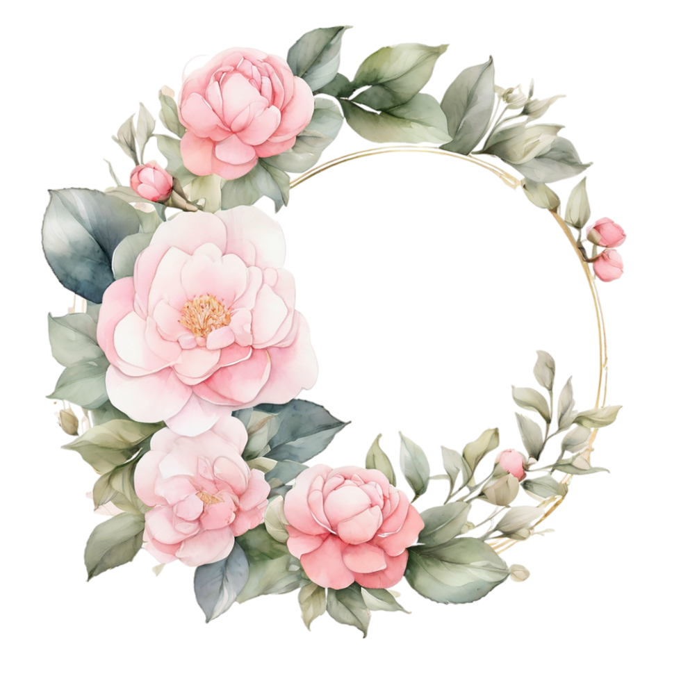 Watercolor round frame with pink flowers and leaves png