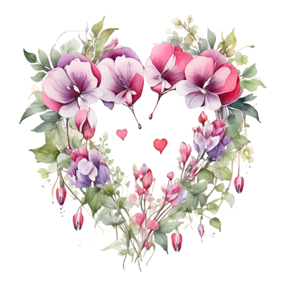 Watercolor painting of a heart shaped wreath of flowers png