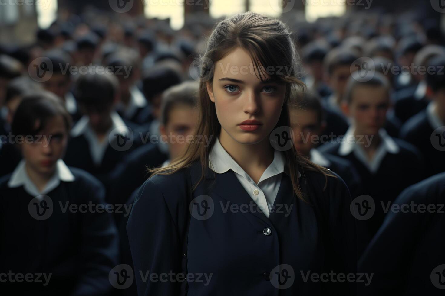 A young woman with long brown hair and a serious expression is standing in a crowd of students. She is wearing a black blazer and a white collared shirt photo