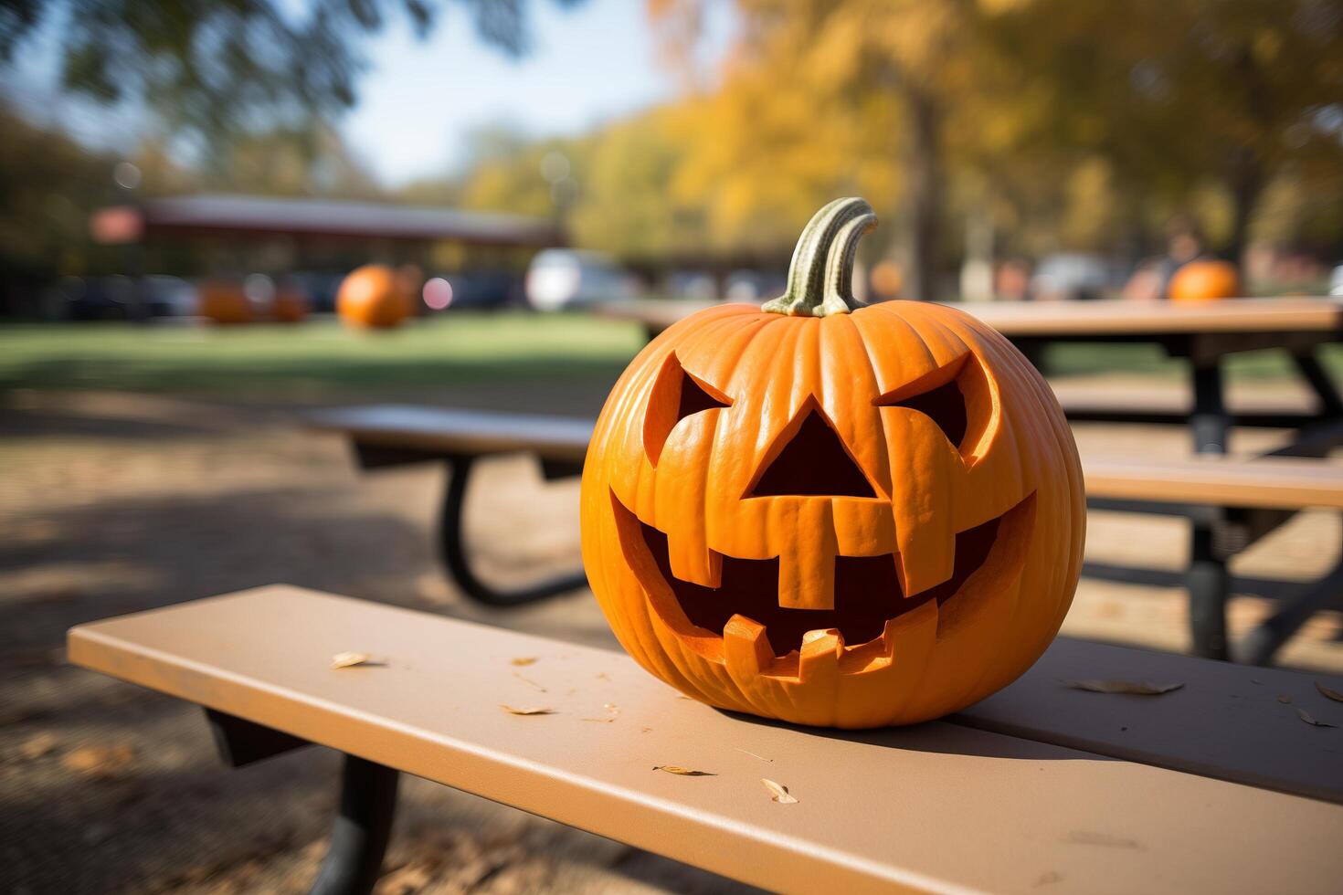 A carved pumpkin sits on a picnic table. The pumpkin has a carved face with a wide smile and large eyes. The table is made of wood and has a brown finish photo