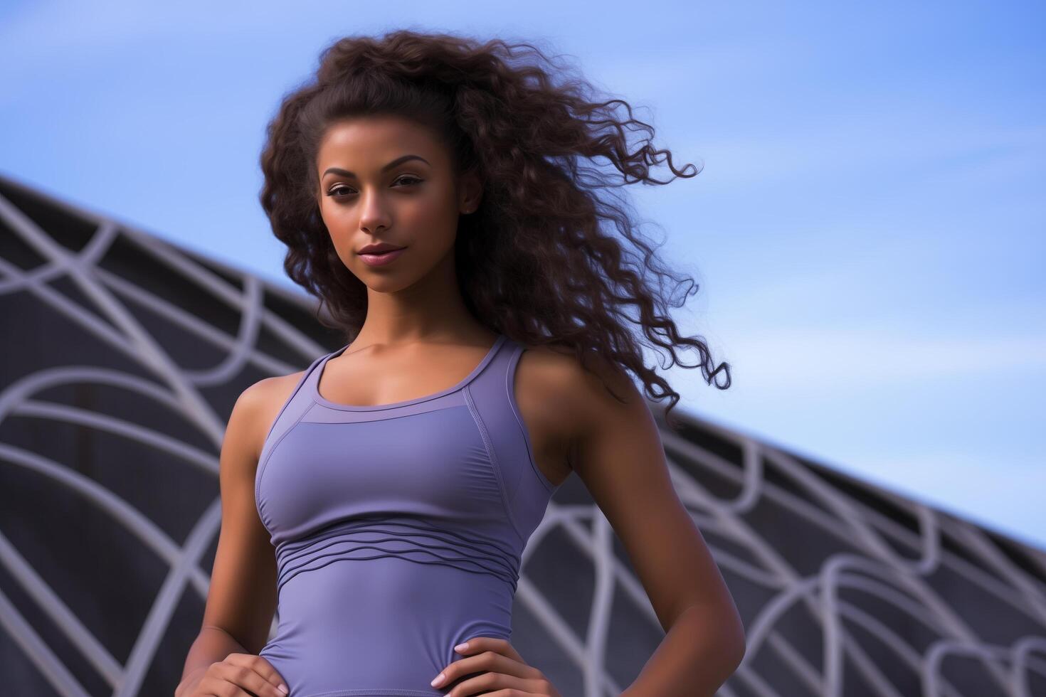 A young woman with dark curly hair is wearing a sleeveless purple athletic top. She is standing with her hands on her hips and looking at the camera photo
