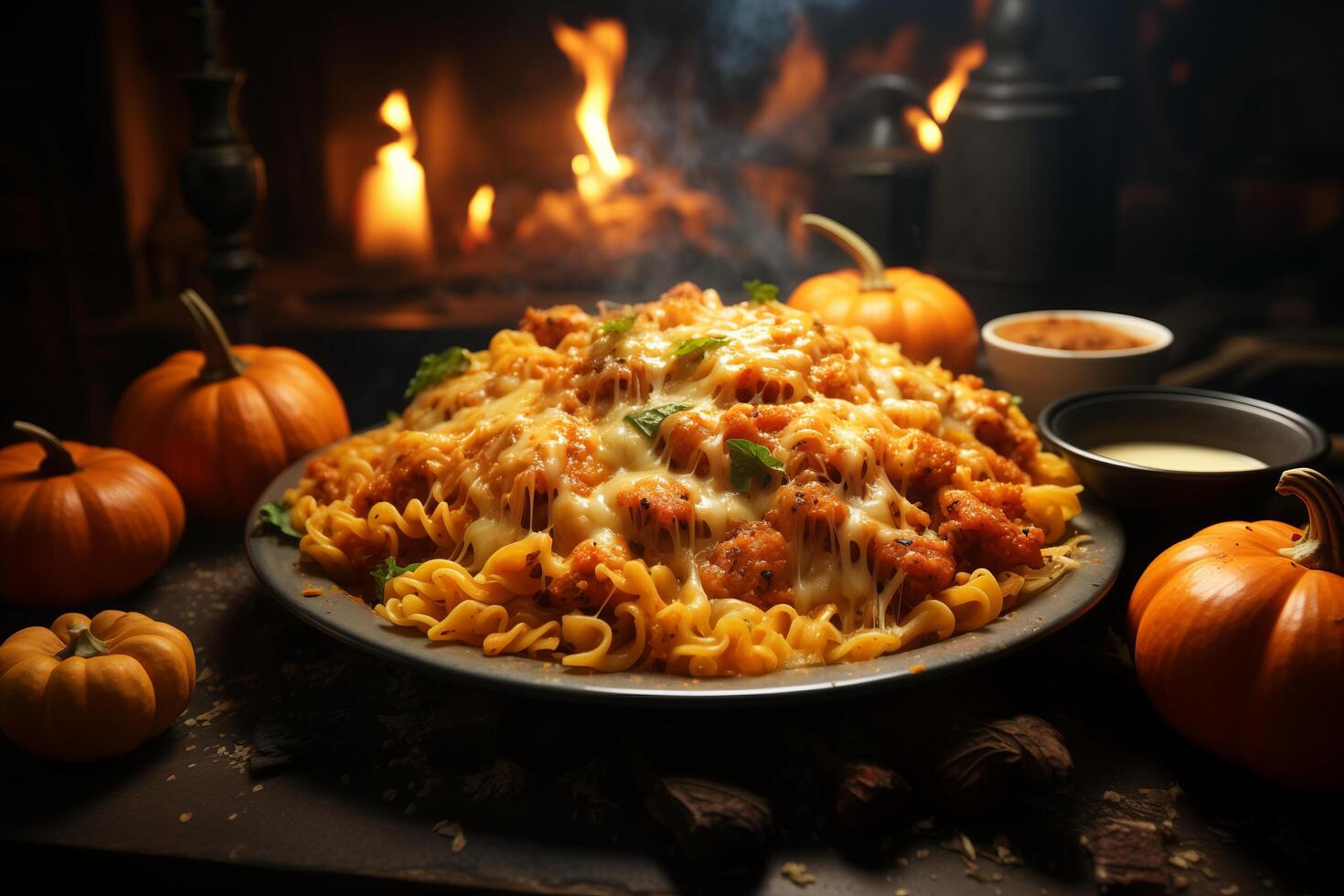 A plate of pasta topped with meat and sauce, placed next to pumpkins in a rustic setting. photo