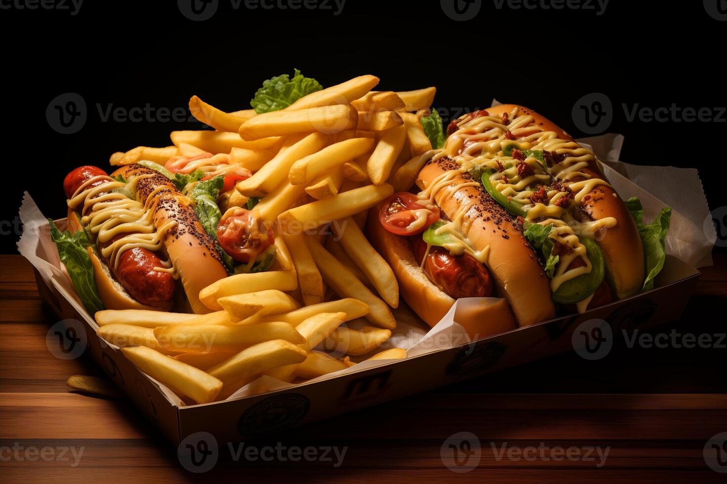 A close-up view of few hotdogs and a generous portion of french fries neatly arranged in a cardboard box. photo