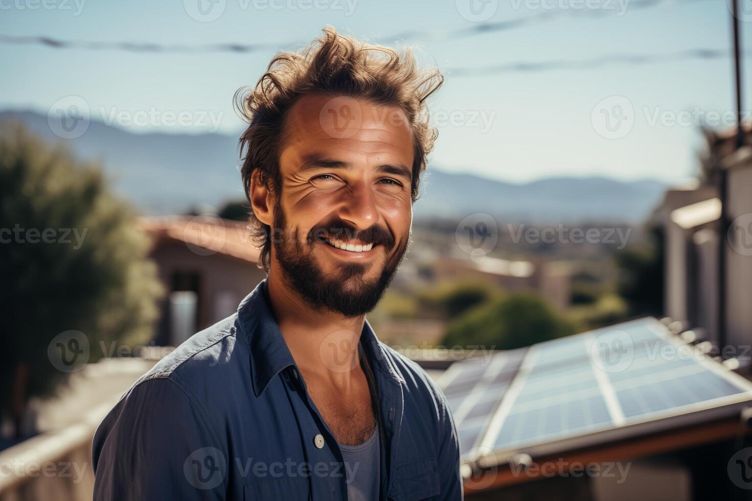 A man with a beard stands in front of solar panels installed on his property. He smiles at the camera. photo